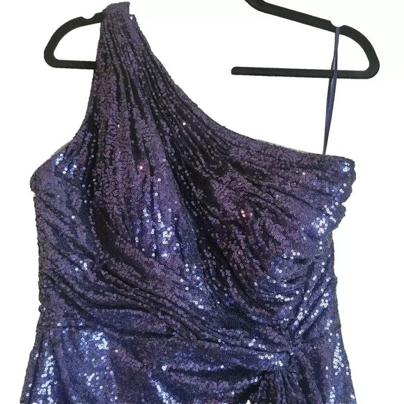 Rene Ruiz Women One-Shoulder Sequin Long Gown Purple Slit Drape Waist Sz12 $1595 - Picture 7 of 13